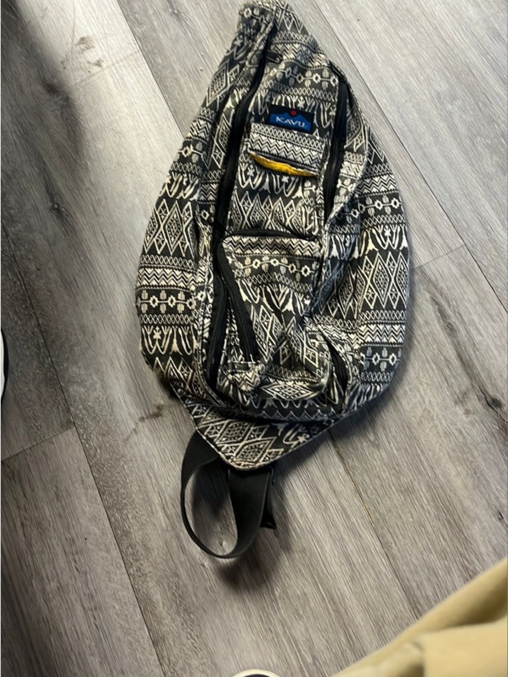 Kavu Black & White Geometric Rope Sling Bag with Yellow Accent